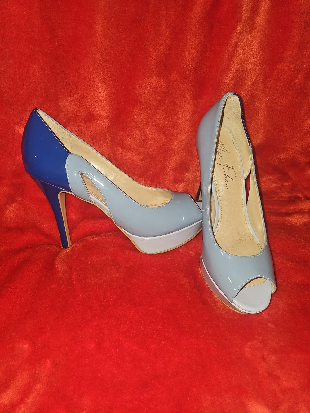 Patent Leather Two-Tone Blue Peep-Toe Platform Pumps - Picture 2 of 3